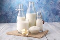 Milk products. tasty healthy dairy products on a table on