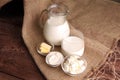 milk products. tasty healthy dairy products on a table. Royalty Free Stock Photo