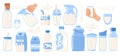 Milk set in different packages, glass, cardboard, bottle, milk box, glasses, decanter. Dairy drops and splash. National Royalty Free Stock Photo