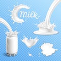 Milk set. Splashes, drops and blots on transparent background
