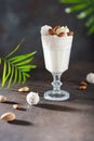 Milk Shake from almond, banana and coconut milk in a glass on dark background with palm leaves. Dairy free. Summer cocktail. Bar