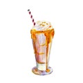 The milk shake with caramel and ice-cream, watercolor illustration