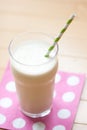 Milk shake with striped straw on polka dot napkin