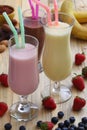 Milk shakes with strawberries vanilla and chocolate