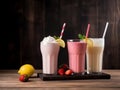 Milk shakes with strawberries and lemon on wooden background. Selective focus. Made with Generative AI Royalty Free Stock Photo