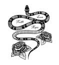 Milk Snake With Flowers In Vintage Style. Serpent Cobra Or Python Or Poisonous Viper. Engraved Hand Drawn Old Reptile