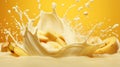 Milk splash with bananas. Sweet dessert cream sweet. Milkshake concept. Generative AI