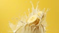 Milk splash with bananas. Sweet dessert cream sweet. Milkshake concept. Generative AI