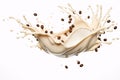 Milk splash with coffee beans in front of white background Royalty Free Stock Photo