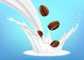 Milk splash with coffee beans lying on milk tongue. Coffee beans falling into milk splash. Realistic 3d vector illustration.