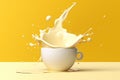 A milk splash in a coffee cup isolated on light yellow, AI generative image Royalty Free Stock Photo