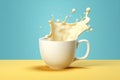 A milk splash in a coffee cup isolated on light yellow, AI generative image Royalty Free Stock Photo