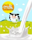 Milk splash cow and farm board backgroundMilk Splash, Cow and Green Farm Land Design with Logo - Vector Illustration Royalty Free Stock Photo