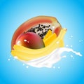Milk splash 3d illustration with falling slices of papaya, mango Royalty Free Stock Photo