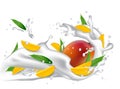 Milk splash 3d illustration with leaves, slices of mango, peach, apricot, nectarine, apple. Cream pouring wave yogurt packaging Royalty Free Stock Photo