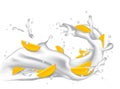 Milk splash 3d illustration with slices of mango, peach, apricot Royalty Free Stock Photo