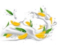 Milk splash 3d illustration with slices of mango, peach, apricot Royalty Free Stock Photo