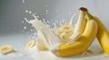 milk splash with fresh bananas against a white background, a wholesome display, Ai Generated