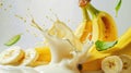 milk splash with fresh bananas against a white background, a wholesome display, Ai Generated