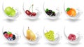 Milk splash background with different fruits. Splash drops banner with cherry, pear, grapes, apple, forest fruits, raspberry, apri