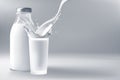 Milk splash in glass bottle. Realistic 3d vector illustration