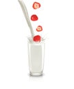 Milk splash in glass with falling strawberries, realistic vector illustration Royalty Free Stock Photo