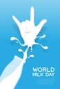 Milk splash I Love You hand sign language shape from bottle, World Milk Day concept flat design illustration