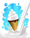 Milk splash with ice cream and painted frosty background - vector