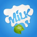 Milk splash icon. Label lettering design. Vector illustration