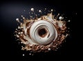 Milk splash mix coffee, chocolate twist 3D shape circle, O or zero on black background. Generative Ai. Royalty Free Stock Photo