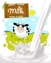 Milk Splash With Painted Nature Farm, Wooden Board and Milk Logo - Vector Illustration Design