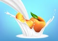Milk splash and peach 3d vector object. Natural dairy products Peach slices falling into the milky splash. Realistic illustration Royalty Free Stock Photo