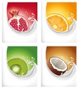 Milk splash with pomegranate, orange, kiwi, coconut Royalty Free Stock Photo