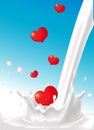 Milk splash pour milk falling heart design - love vector