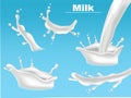 Milk splash set collection Vector realistic. Fresh pouring liquid organic eco product templates. 3d illustrations Royalty Free Stock Photo