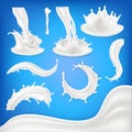 Milk Splash Set Vector. White Wave, Drop, Blots Liquid. Food Drink Natural Eco Healthy Product. Pouring Product Design