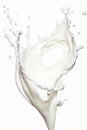 Milk splash is shown in this image, with white background. Generative AI