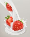 Milk splash and strawberry. 3d vector object