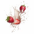 Milk splash with strawberry isolated on white background. 3d illustration Royalty Free Stock Photo