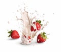 Milk splash with strawberry isolated on white background. 3d illustration Royalty Free Stock Photo