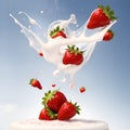 Milk splash and strawberry. Natural dairy products, Vitamin rich juices and yogurts for health. liquid swirl, isolated summer