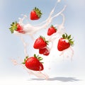 Milk splash and strawberry. Natural dairy products, Vitamin rich juices and yogurts for health. liquid swirl, isolated summer