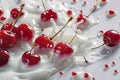 Milk splash surrounds fresh red cherries on pristine white background