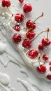 Milk splash surrounds fresh red cherries on pristine white background