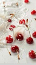 Milk splash surrounds fresh red cherries on pristine white background