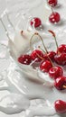 Milk splash surrounds fresh red cherries on pristine white background