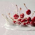 Milk splash surrounds fresh red cherries on pristine white background