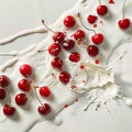 Milk splash surrounds fresh red cherries on pristine white background