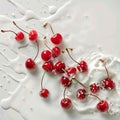 Milk splash surrounds fresh red cherries on pristine white background