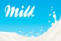 Milk splash vector illustration background isolated over blue. White creamy liquid flow with drops. Dairy product. 3d Royalty Free Stock Photo